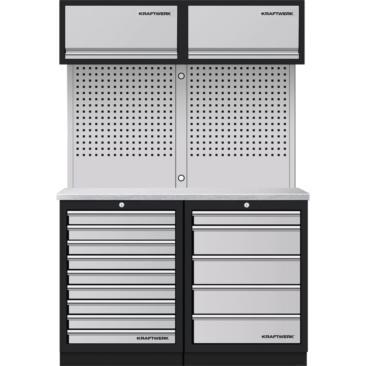 Kraftwerk Mobilio Werkstatteinrichtung, Werkbank 2er Kombi, 14 Schubladen, 2 Überschränke, Vierkant-Lochwand, Arbeitsplatte Edelstahl