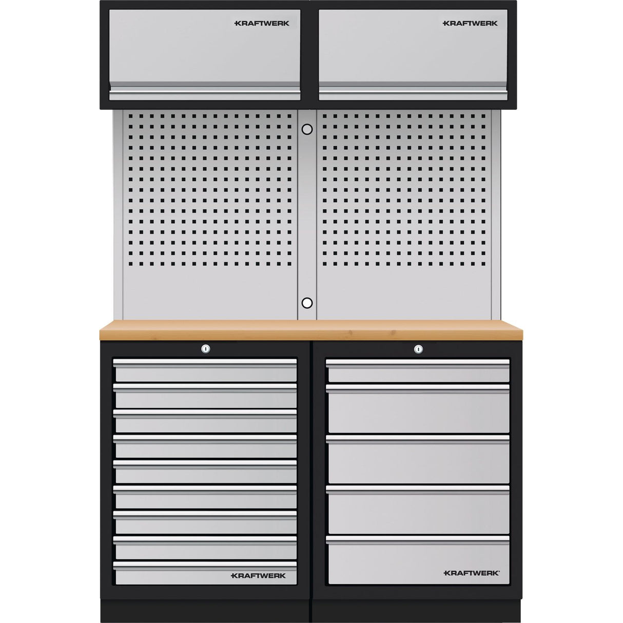 Kraftwerk Mobilio Werkstatteinrichtung, Werkbank 2er Kombi, 14 Schubladen, 2 Überschränke, Vierkant-Lochwand, Arbeitsplatte Buche Multiplex