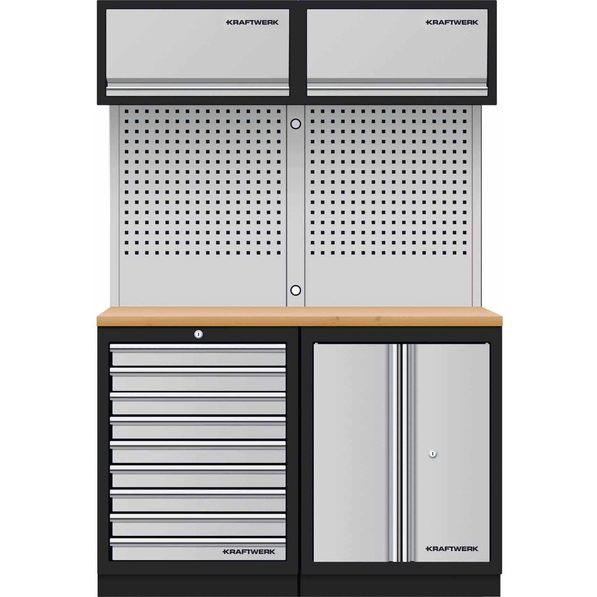 Kraftwerk Mobilio Werkstatteinrichtung, Werkbank 2er Kombi, 9 Schubladen, 3 Schränke, Vierkant-Lochwand, Arbeitsplatte Buche Multiplex