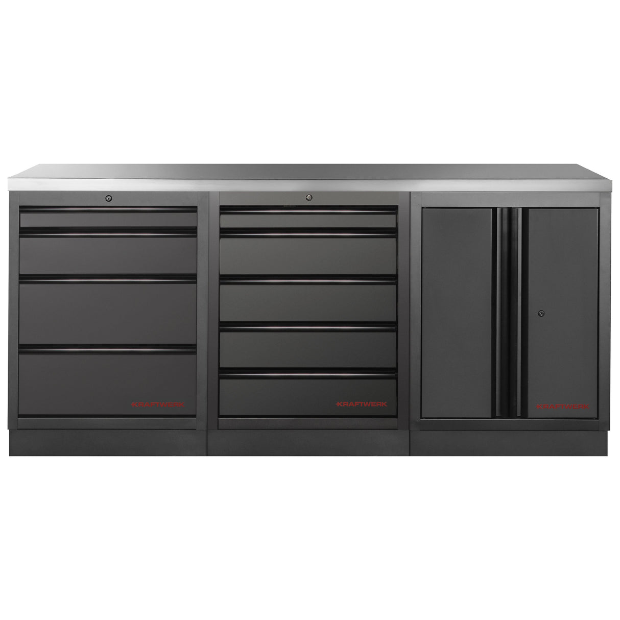 Kraftwerk Mobilio Werkstatteinrichtung, Werkbank Black Edition 3er Unterschrank-Kombi, 9 Schubladen, 1 Schrank, Arbeitsplatte Edelstahl