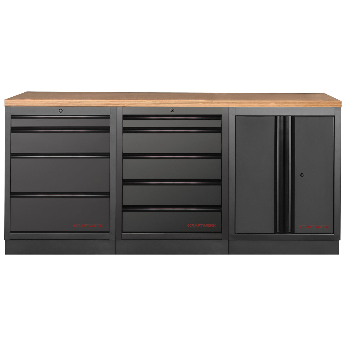 Kraftwerk Mobilio Werkstatteinrichtung, Werkbank Black Edition 3er Unterschrank-Kombi, 9 Schubladen, 1 Schrank, Arbeitsplatte Buche Multiplex