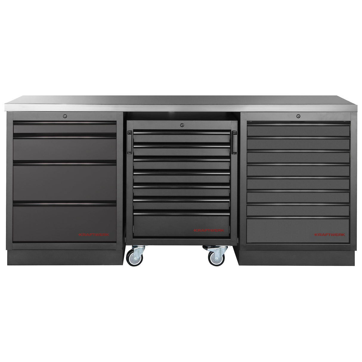 Kraftwerk Mobilio Werkstatteinrichtung, Werkbank Black Edition 3er Unterschrank-Kombi, 12 Schubladen, Unterschrankrollwagen, Arbeitsplatte Edelstahl