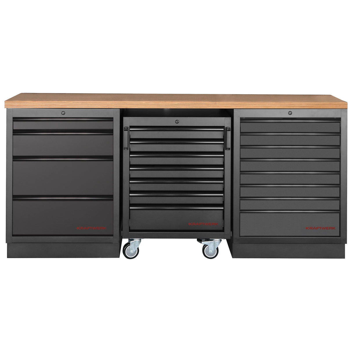 Kraftwerk Mobilio Werkstatteinrichtung, Werkbank Black Edition 3er Unterschrank-Kombi, 12 Schubladen, Unterschrankrollwagen, Arbeitsplatte Buche