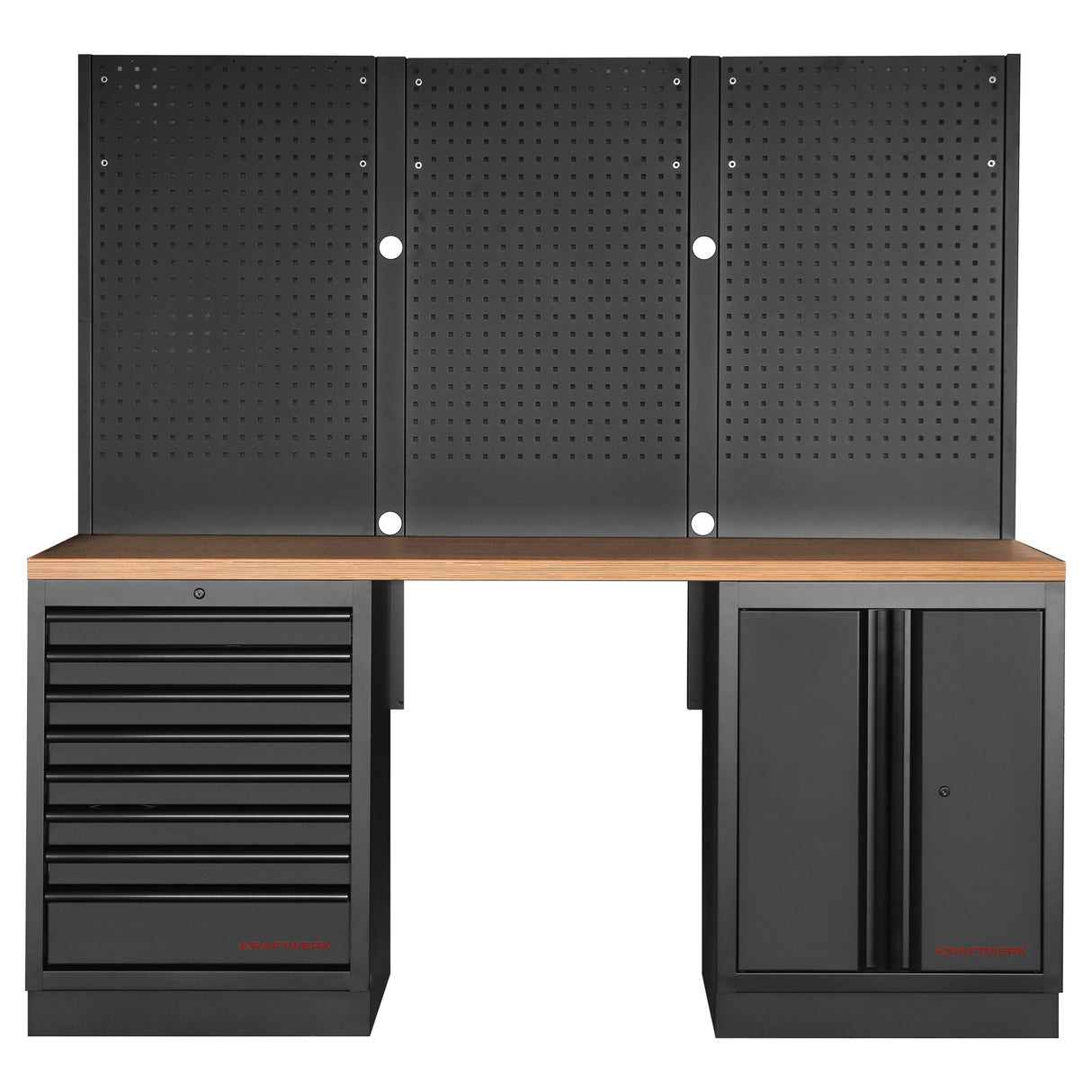 Kraftwerk Mobilio Werkstatteinrichtung, Werkbank Black Edition 2er Unterschrank-Kombi, 8 Schubladen, 1 Schrank, Vierkant-Lochwand, Arbeitsplatte Buche
