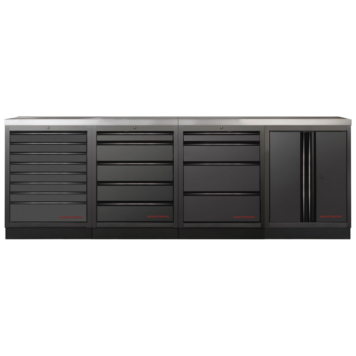 Kraftwerk Mobilio Werkstatteinrichtung, Werkbank Black Edition 4er Unterschrank-Kombi, 17 Schubladen, 1 Schrank, Arbeitsplatte Edelstahl