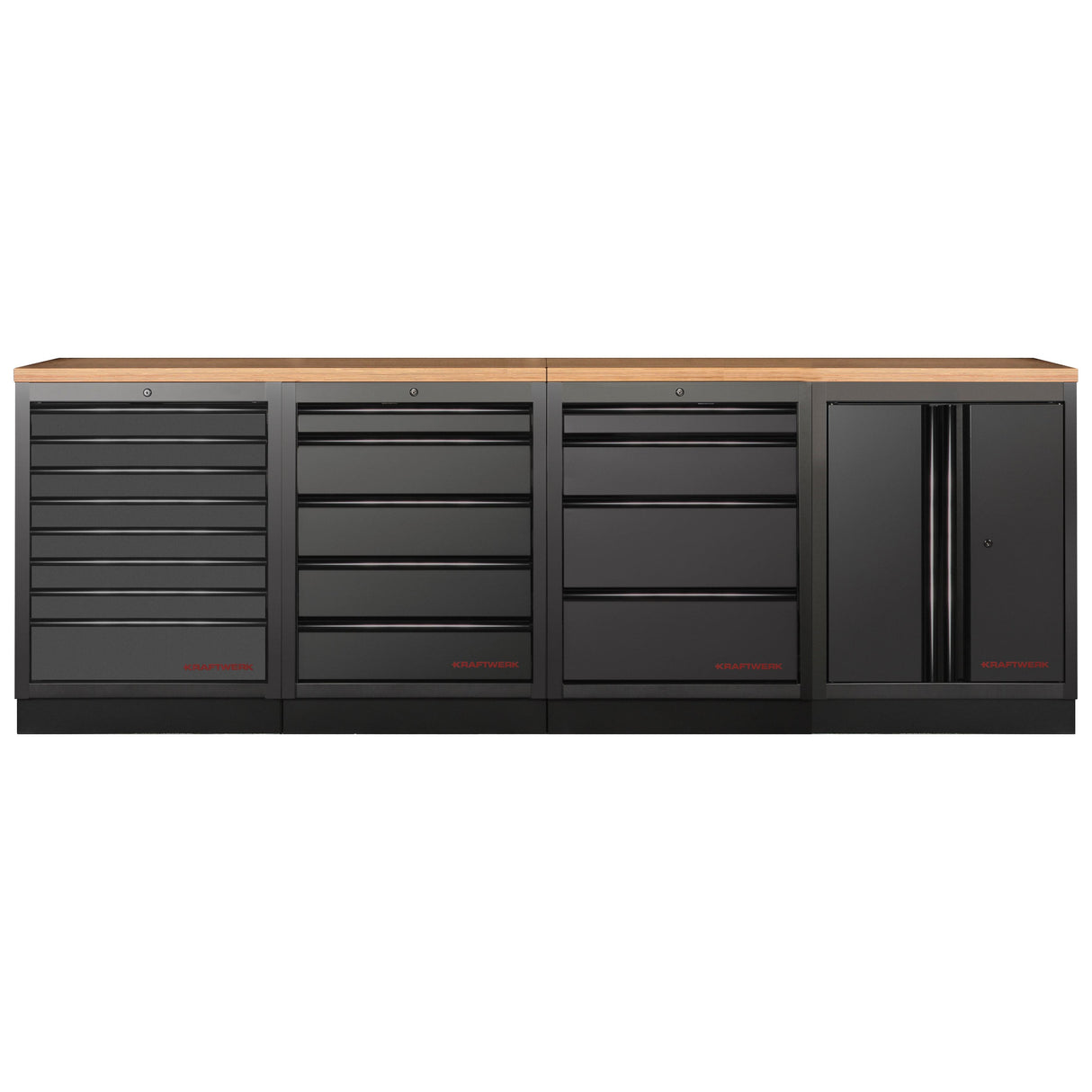 Kraftwerk Mobilio Werkstatteinrichtung, Werkbank Black Edition 4er Unterschrank-Kombi, 17 Schubladen, 1 Schrank, Arbeitsplatte Buche Multiplex