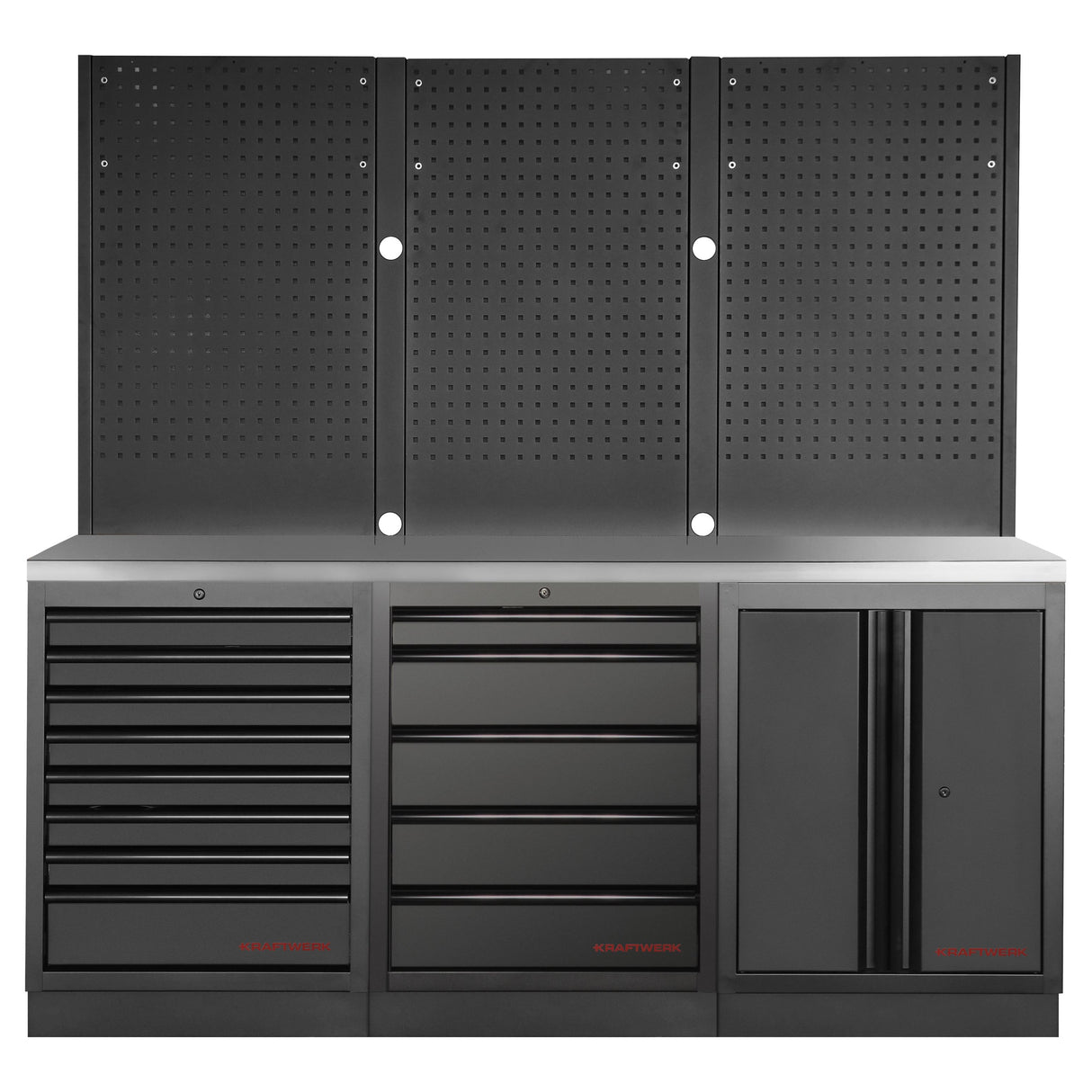 Kraftwerk Mobilio Werkstatteinrichtung, Werkbank Black Edition 3er Kombi, 13 Schubladen, 1 Schrank, Vierkant-Lochwand, Arbeitsplatte Edelstahl