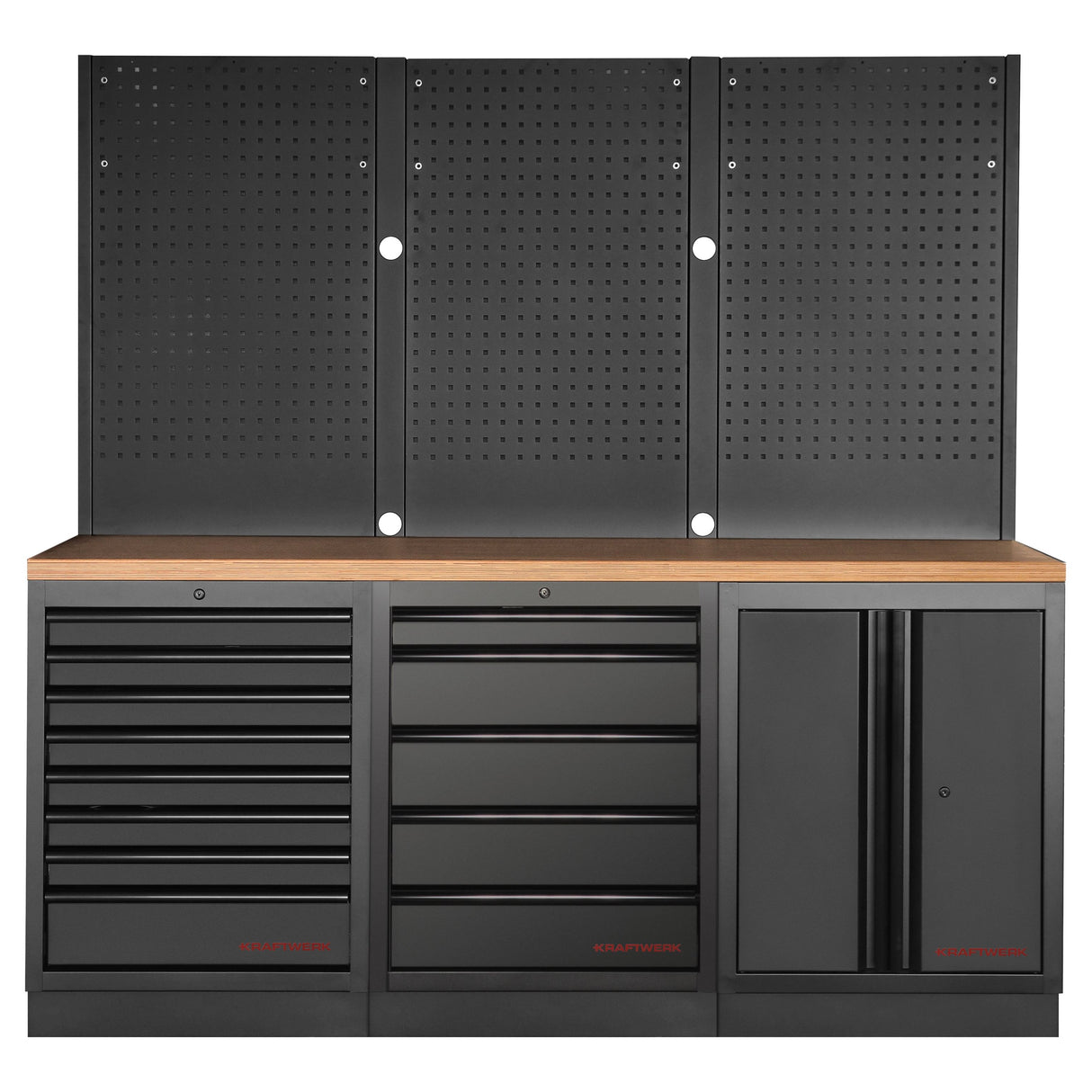 Kraftwerk Mobilio Werkstatteinrichtung, Werkbank Black Edition 3er Kombi, 13 Schubladen, 1 Schrank, Vierkant-Lochwand, Arbeitsplatte Buche Multiplex