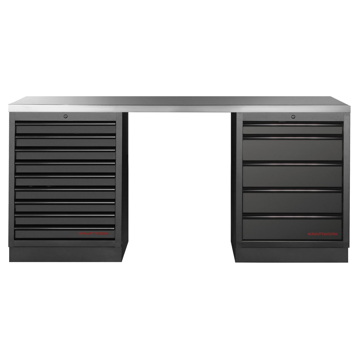 Kraftwerk Mobilio Werkstatteinrichtung, Werkbank Black Edition 2er Unterschrank-Kombi, 14 Schubladen, Arbeitsplatte Edelstahl