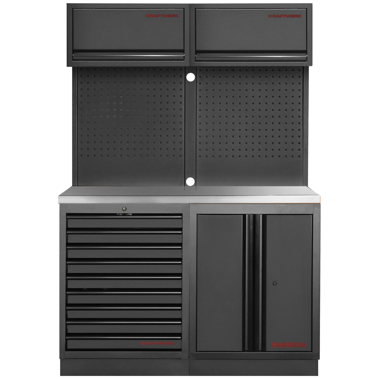 Kraftwerk Mobilio Werkstatteinrichtung, Werkbank Black Edition 2er Kombi, 9 Schubladen, 3 Schränke, Vierkant-Lochwand, Arbeitsplatte Edelstahl