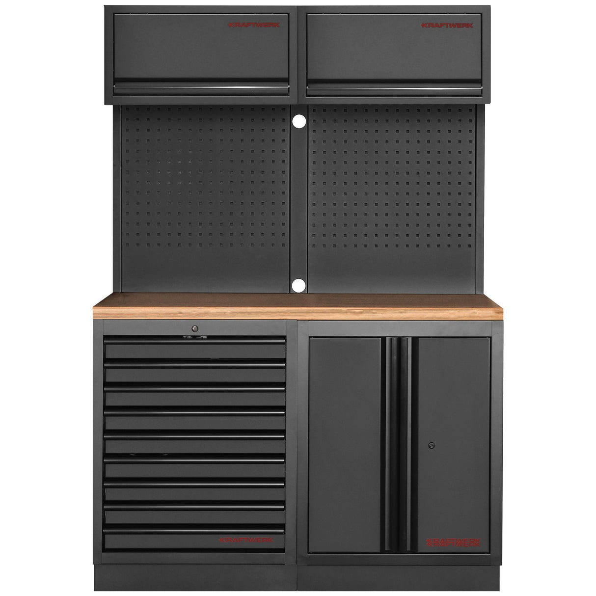 Kraftwerk Mobilio Werkstatteinrichtung, Werkbank Black Edition 2er Kombi, 9 Schubladen, 3 Schränke, Vierkant-Lochwand, Arbeitsplatte Buche Multiplex