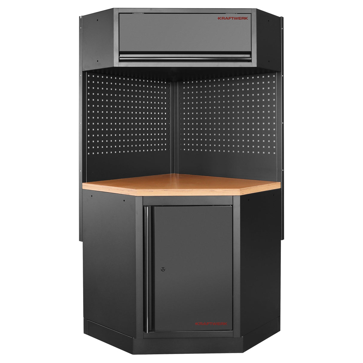 Kraftwerk Mobilio Werkstatteinrichtung, Werkbank Black Edition Eck-Element, 2 Schränke, Vierkant-Lochwand, Schwarz, Arbeitsplatte Buche Multiplex