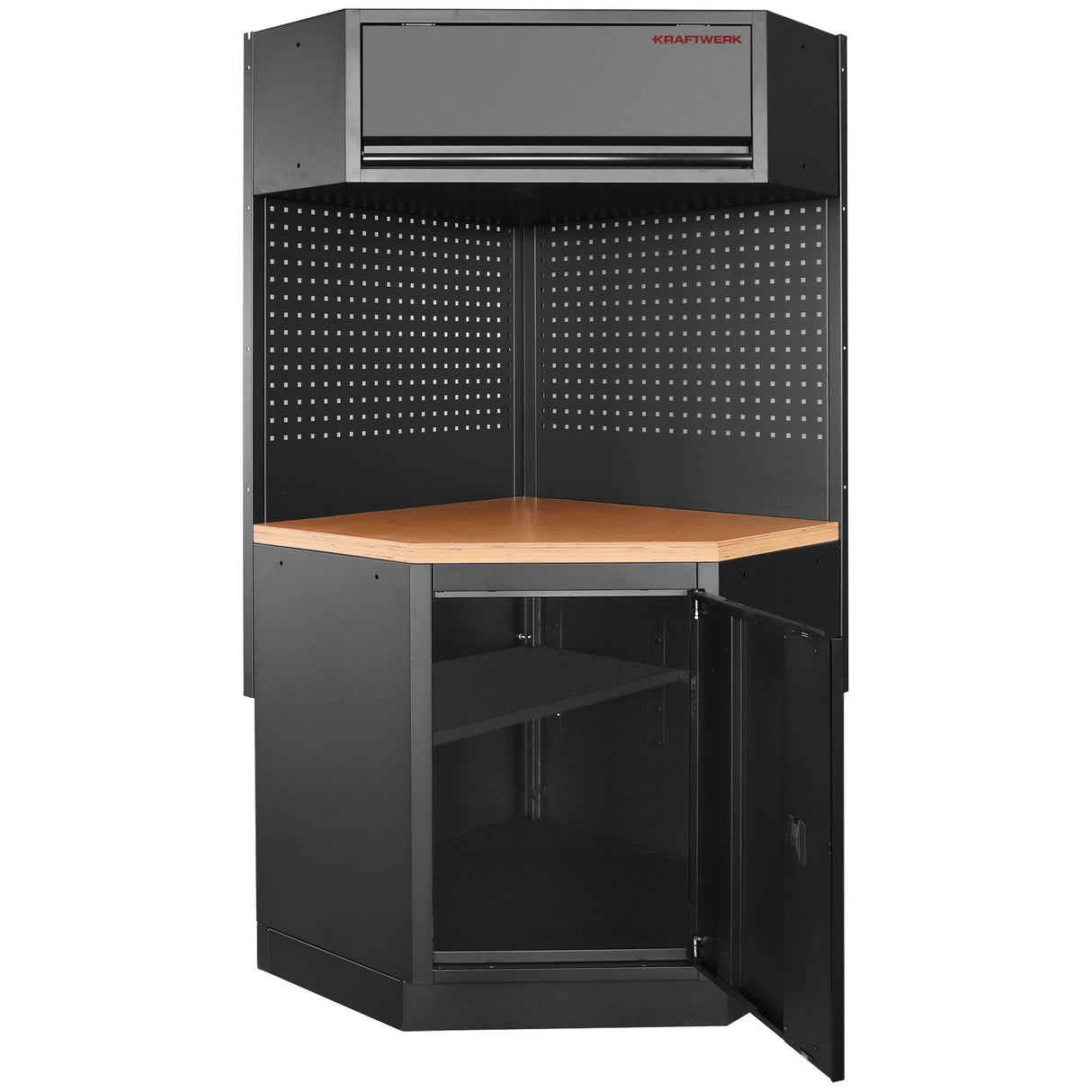 Kraftwerk Mobilio Werkstatteinrichtung, Werkbank Black Edition Eck-Element, 2 Schränke, Vierkant-Lochwand, Schwarz, Arbeitsplatte Buche Multiplex