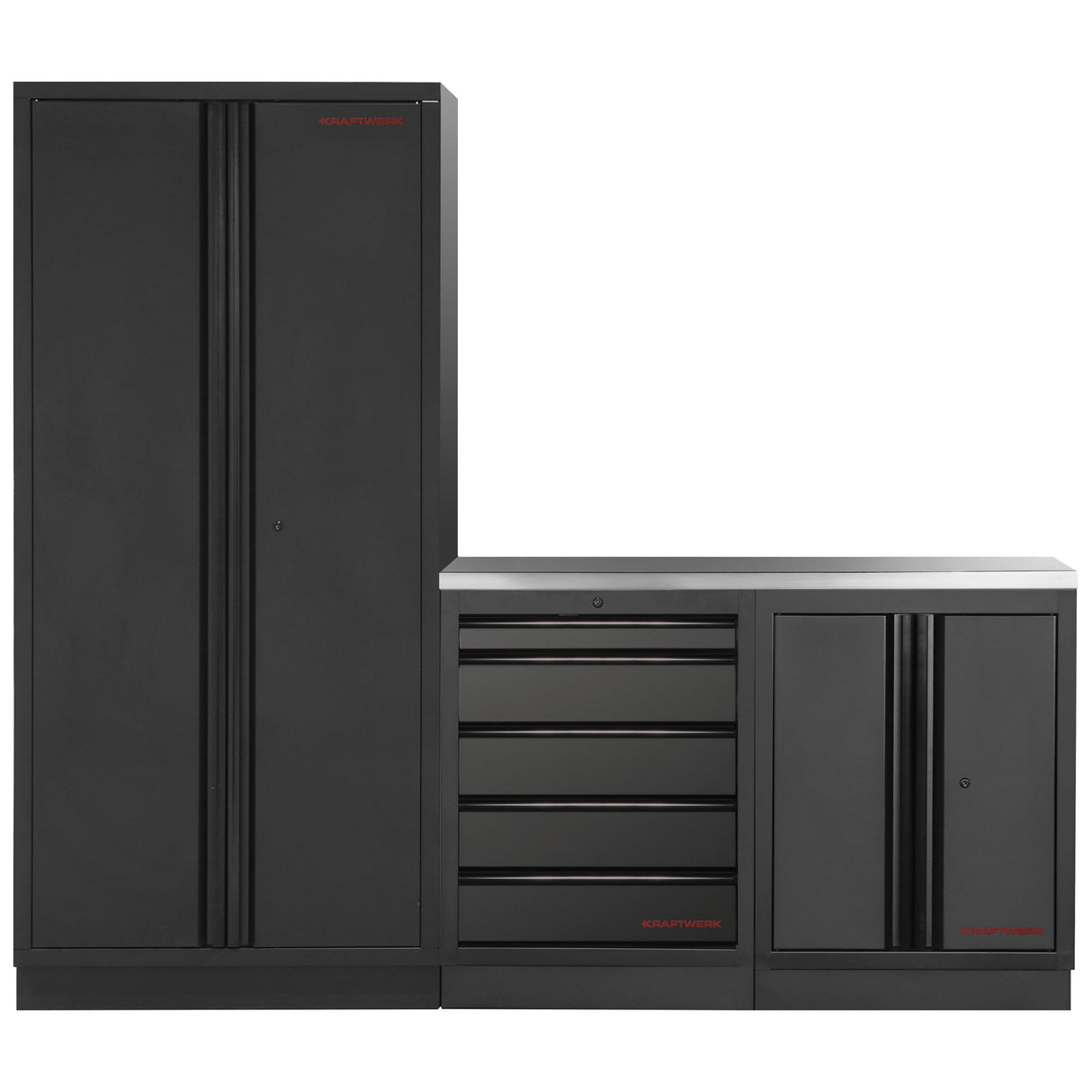 Kraftwerk Mobilio Werkstatteinrichtung, Werkbank Black Edition 3er Kombi, 5 Schubladen, 2 Schränke, Arbeitsplatte Edelstahl