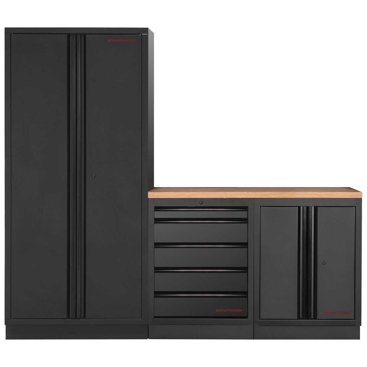 Kraftwerk Mobilio Werkstatteinrichtung, Werkbank Black Edition 3er Kombi, 5 Schubladen, 2 Schränke, Arbeitsplatte Buche Multiplex