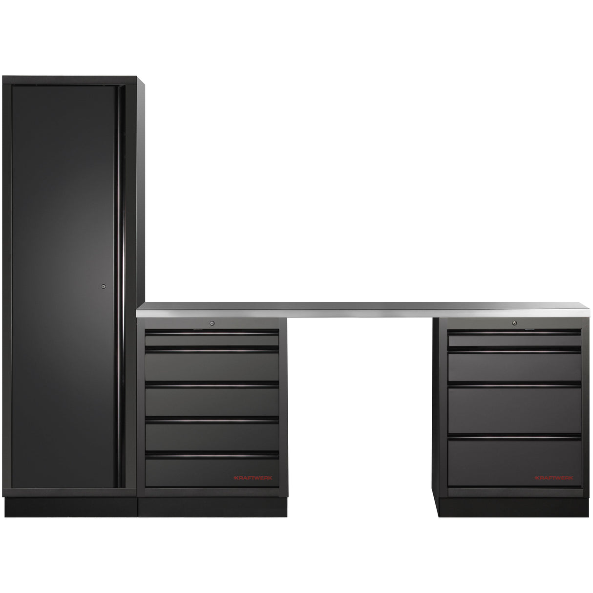 Kraftwerk Mobilio Werkstatteinrichtung, Werkbank Black Edition 3er Schrank-Kombi, 9 Schubladen, 1 Hochschrank, Arbeitsplatte Edelstahl