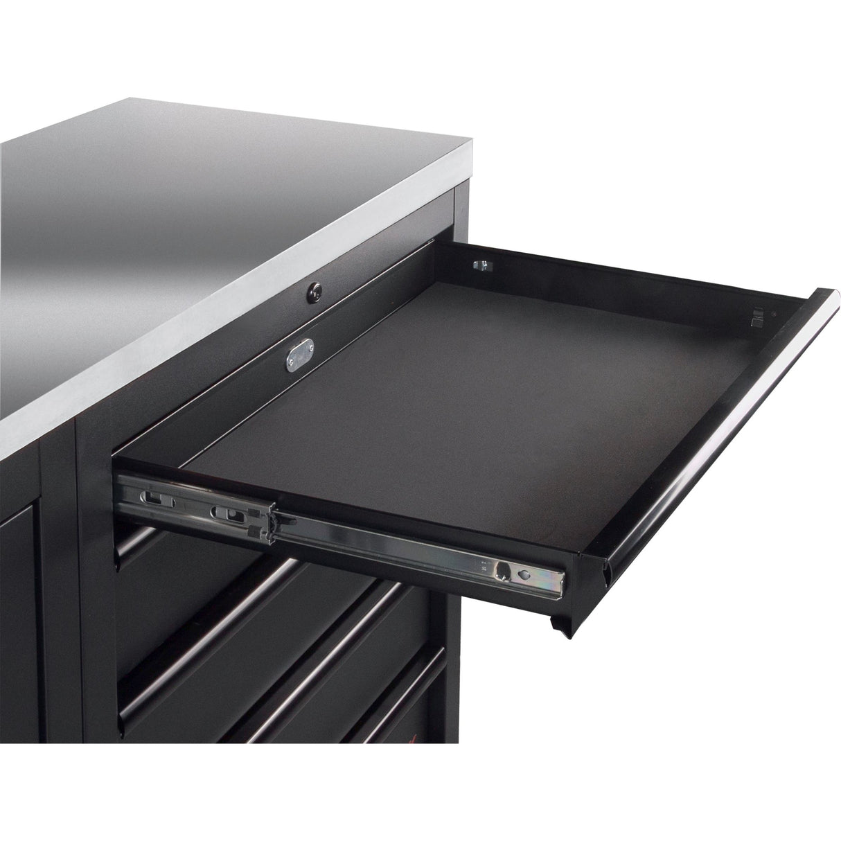 Kraftwerk Mobilio Werkstatteinrichtung, Werkbank Black Edition 3er Schrank-Kombi, 9 Schubladen, 1 Hochschrank, Arbeitsplatte Edelstahl