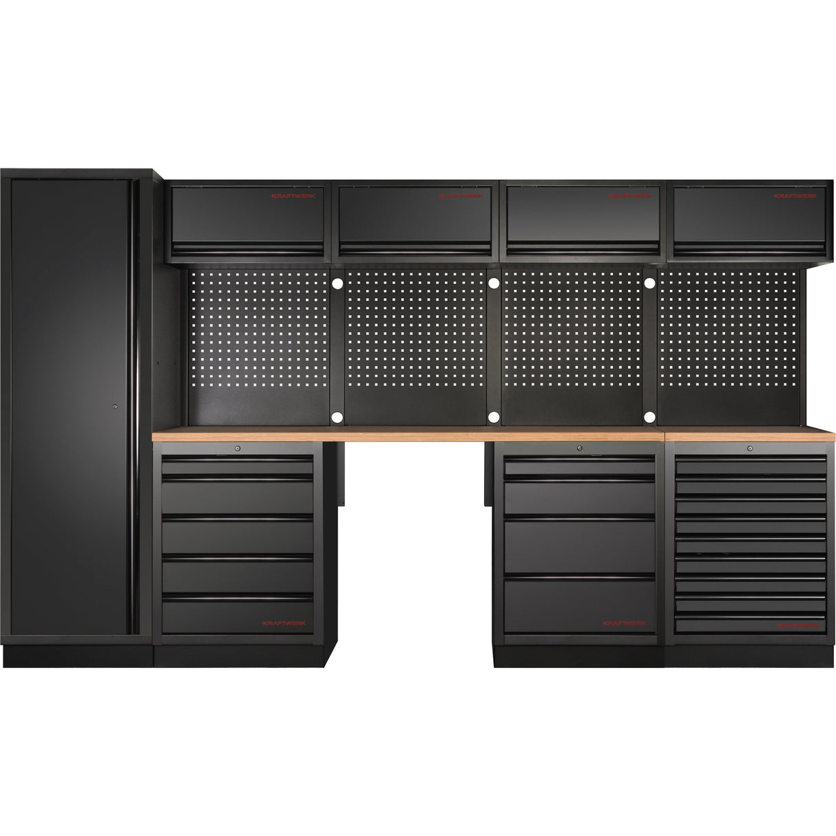 Kraftwerk Mobilio Werkstatteinrichtung, Werkbank Black Edition 5er Kombi, 18 Schubladen, 5 Schränke, Vierkant-Lochwand, Arbeitsplatte Buche Multiplex