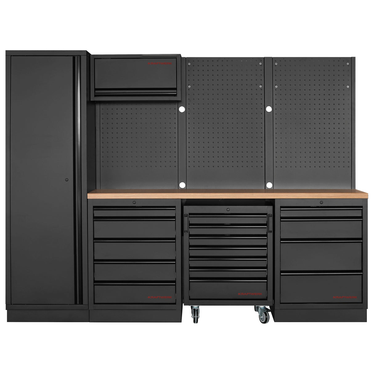 Kraftwerk Mobilio Werkstatteinrichtung, Werkbank Black Edition 4er Kombi, 9 Schubladen, 2 Schränke, Unterschrank-Werkstattwagen, Vierkant-Lochwand
