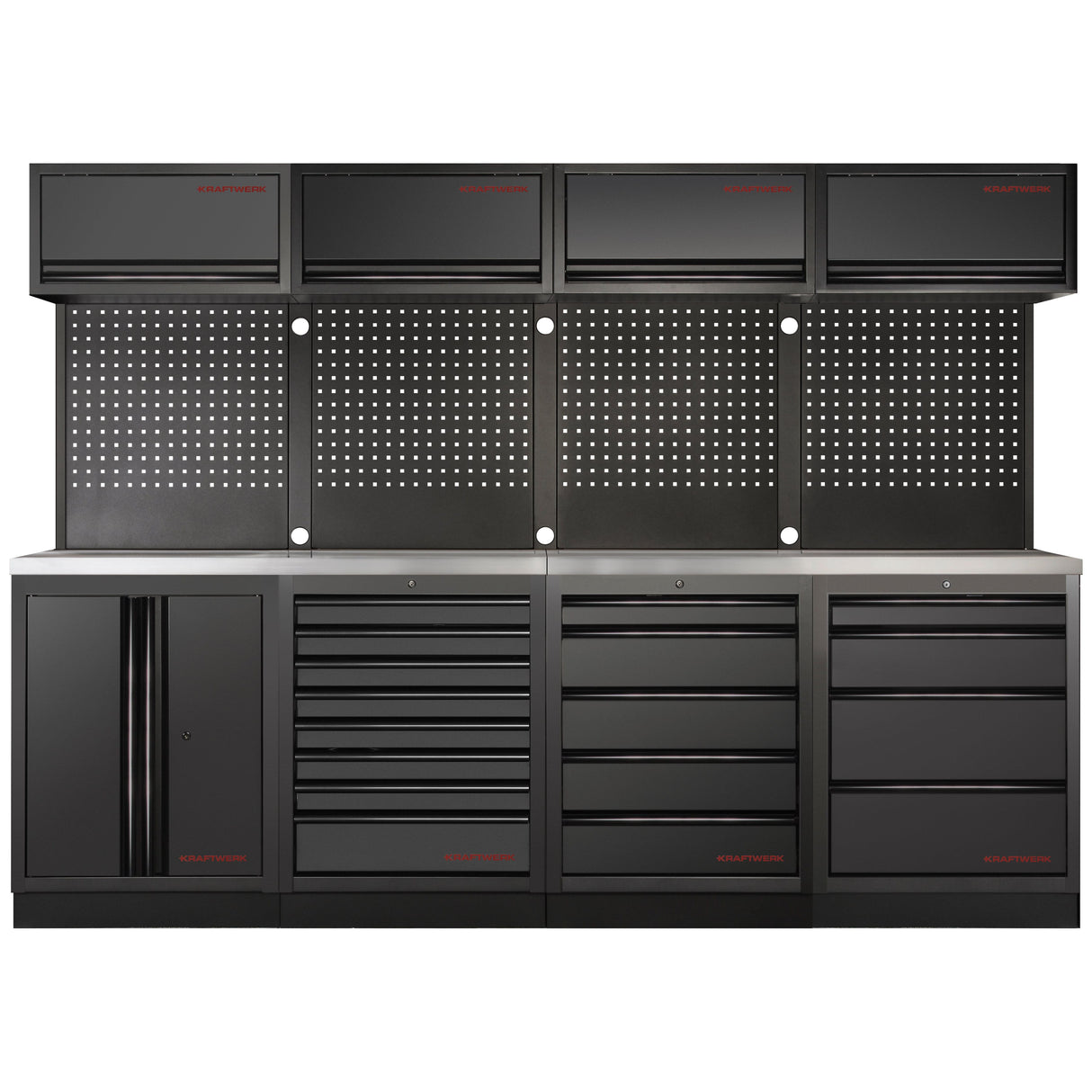Kraftwerk Mobilio Werkstatteinrichtung, Werkbank Black Edition 4er Kombi, 17 Schubladen, 5 Schränke, Vierkant-Lochwand, Arbeitsplatte Edelstahl