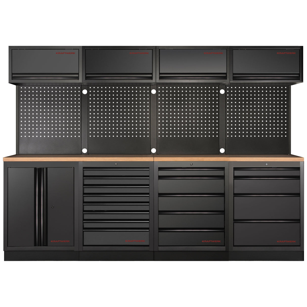 Kraftwerk Mobilio Werkstatteinrichtung, Werkbank Black Edition 4er Kombi, 17 Schubladen, 5 Schränke, Vierkant-Lochwand, Arbeitsplatte Buche Multiplex