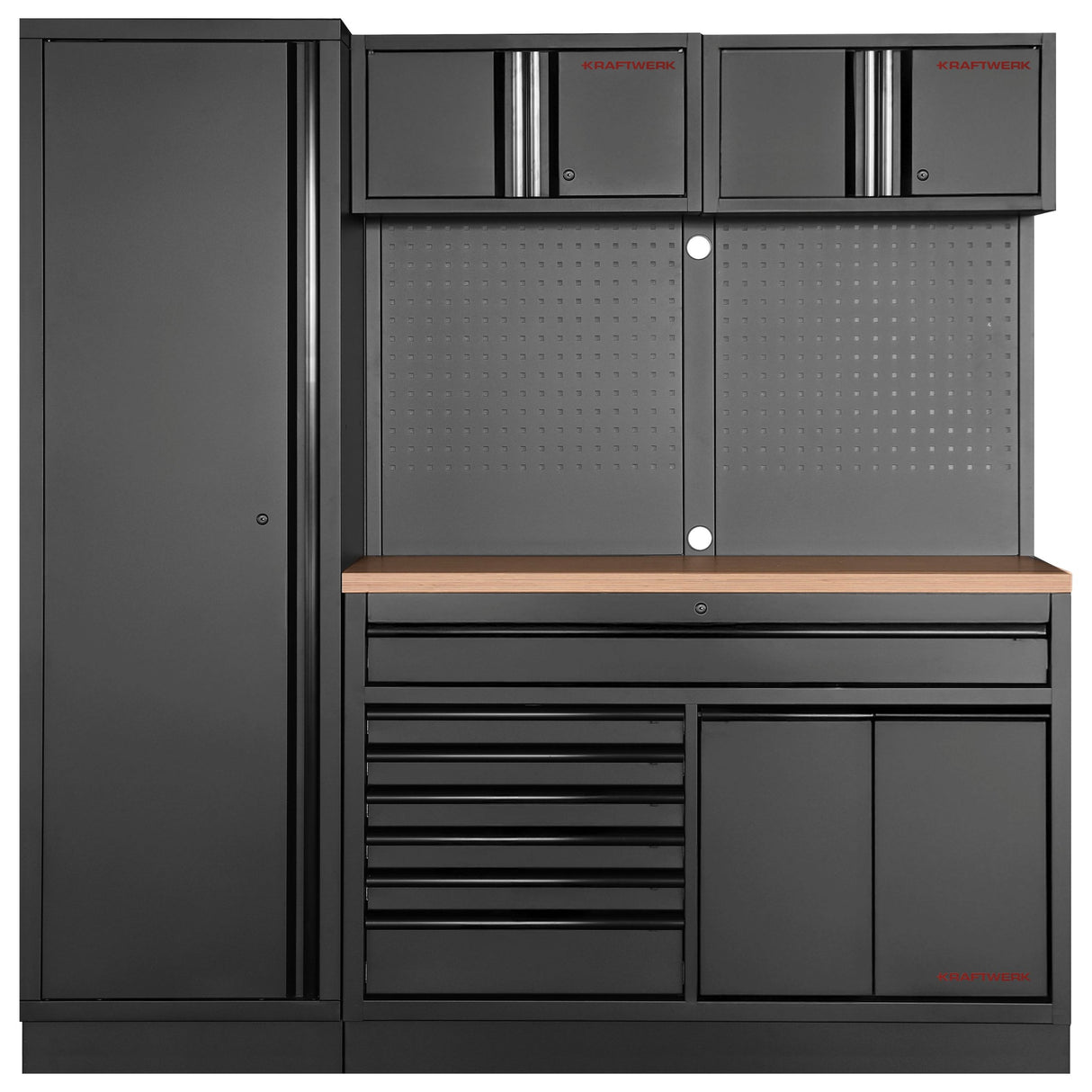Kraftwerk Mobilio Werkstatteinrichtung, Werkbank Black Edition 2er Kombi breit mit 7 Schubladen, 2 Auszügen, 3 Schränke, Vierkant-Lochwand