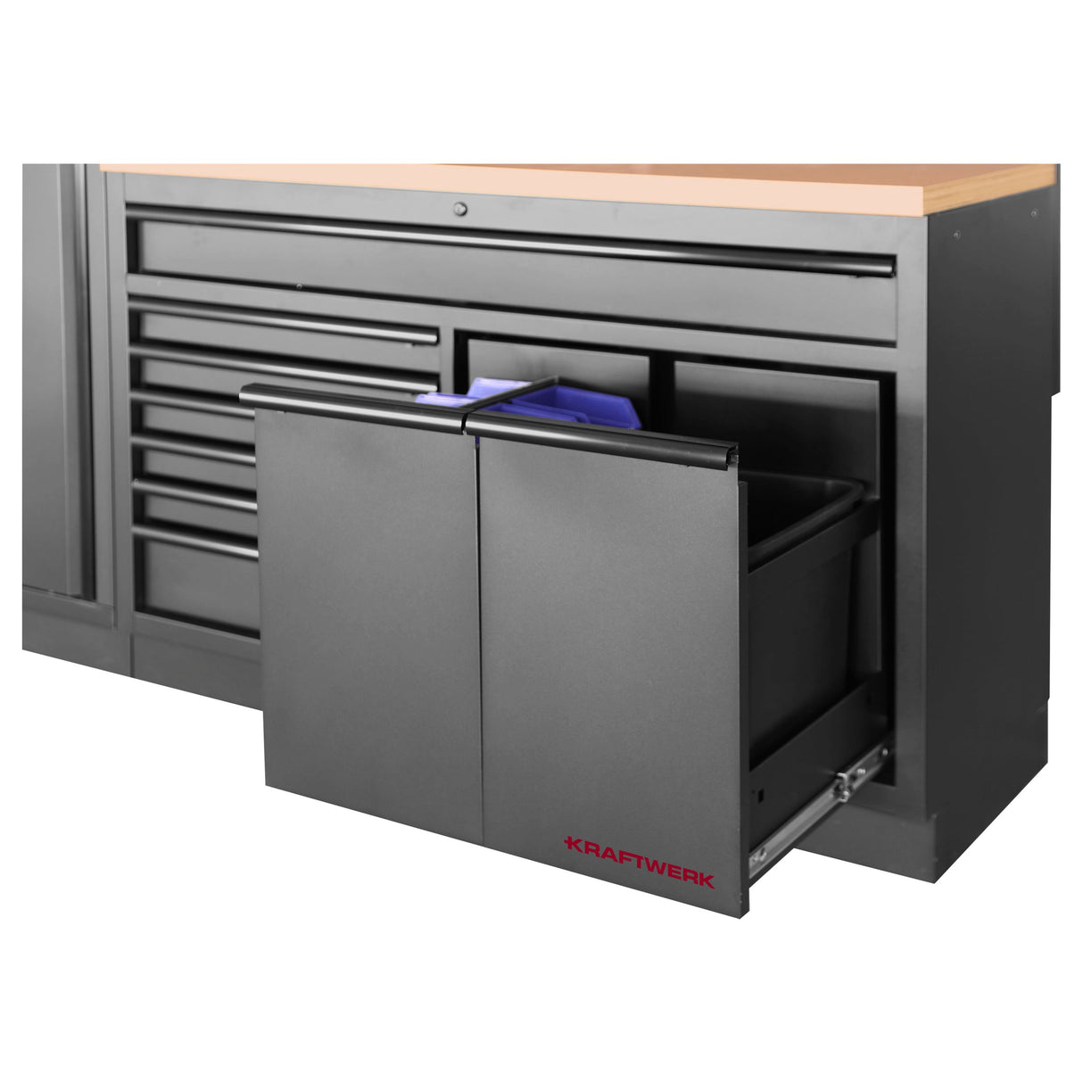 Kraftwerk Mobilio Werkstatteinrichtung, Werkbank Black Edition 2er Kombi breit mit 7 Schubladen, 2 Auszügen, 3 Schränke, Vierkant-Lochwand