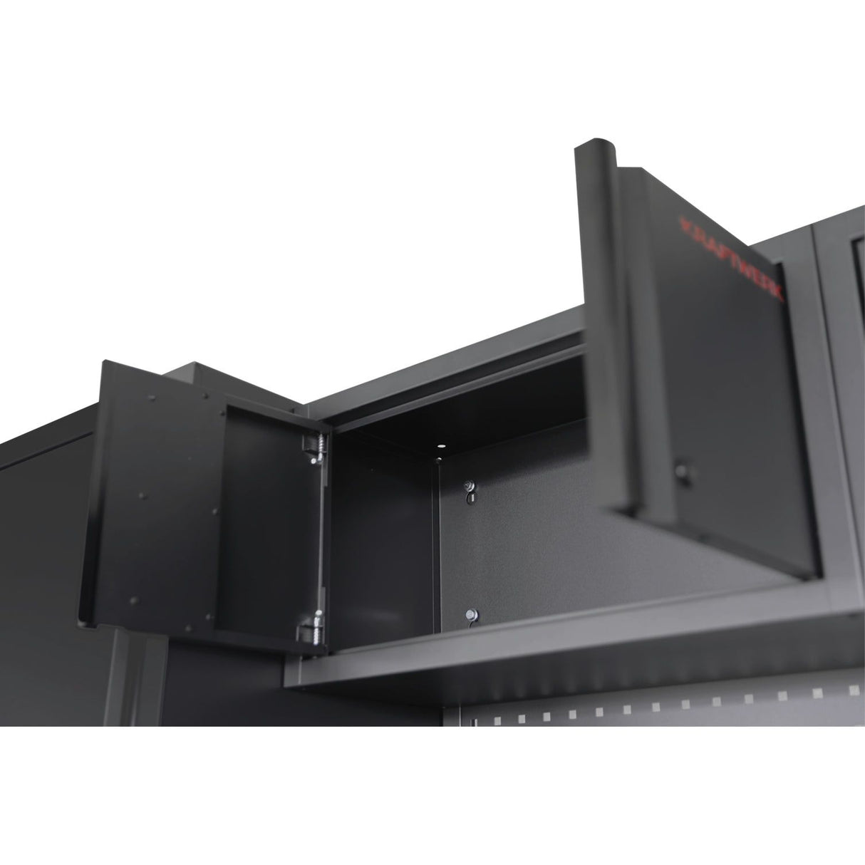 Kraftwerk Mobilio Werkstatteinrichtung, Werkbank Black Edition 2er Kombi breit mit 7 Schubladen, 2 Auszügen, 3 Schränke, Vierkant-Lochwand