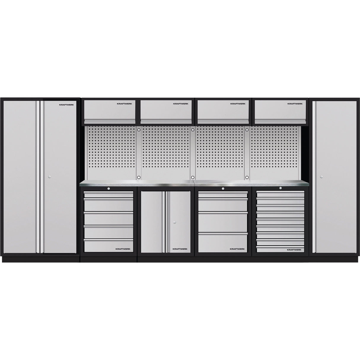 A sleek, modern workshop storage system in silver and black, featuring multiple cabinets, deep drawers, and perforated panels for tool organization, with a sturdy workbench surface, available from Tools.de as part of the Craftsman collection.