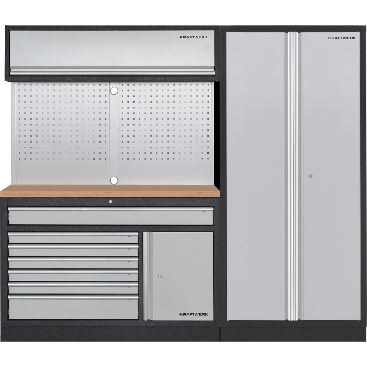 Kraftwerk Mobilio Werkstatteinrichtung, Werkbank 2er Kombi Breit mit 7 Schubladen, Doppelhochschrank, Unterschrank, Hängeschrank und