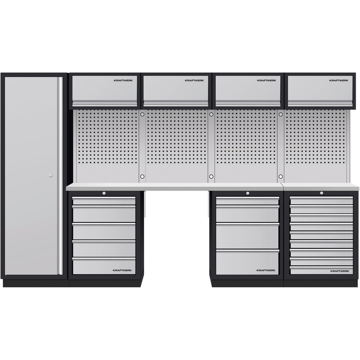 Kraftwerk Mobilio Werkstatteinrichtung, Werkbank 5er Kombi, 18 Schubladen, 5 Schränke, Vierkant-Lochwand, Arbeitsplatte Edelstahl