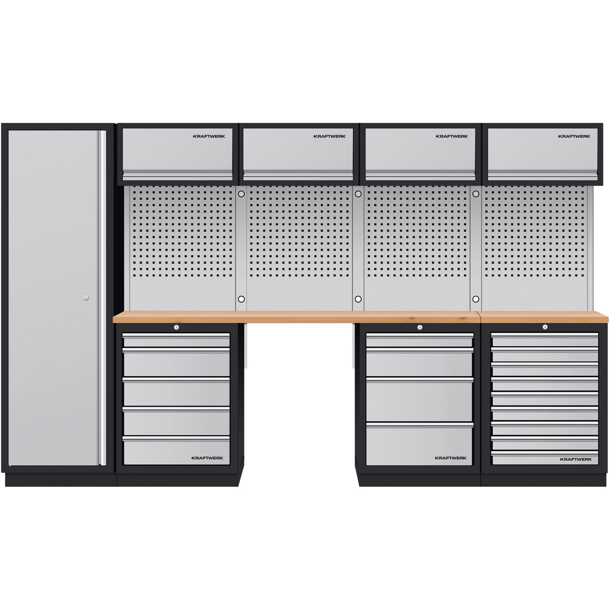 Kraftwerk Mobilio Werkstatteinrichtung, Werkbank 5er Kombi, 18 Schubladen, 5 Schränke, Vierkant-Lochwand, Arbeitsplatte Buche Multiplex