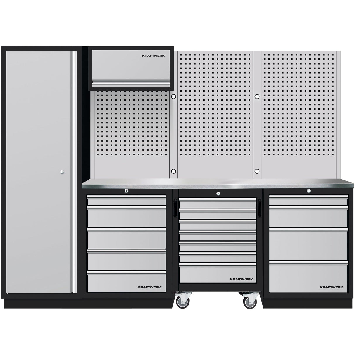 Kraftwerk Mobilio Werkstatteinrichtung, Werkbank 4er Kombi, 9 Schubladen, Schränke, Unterschrank-Werkstattwagen, Vierkant-Lochwand, Arbeitsplatte