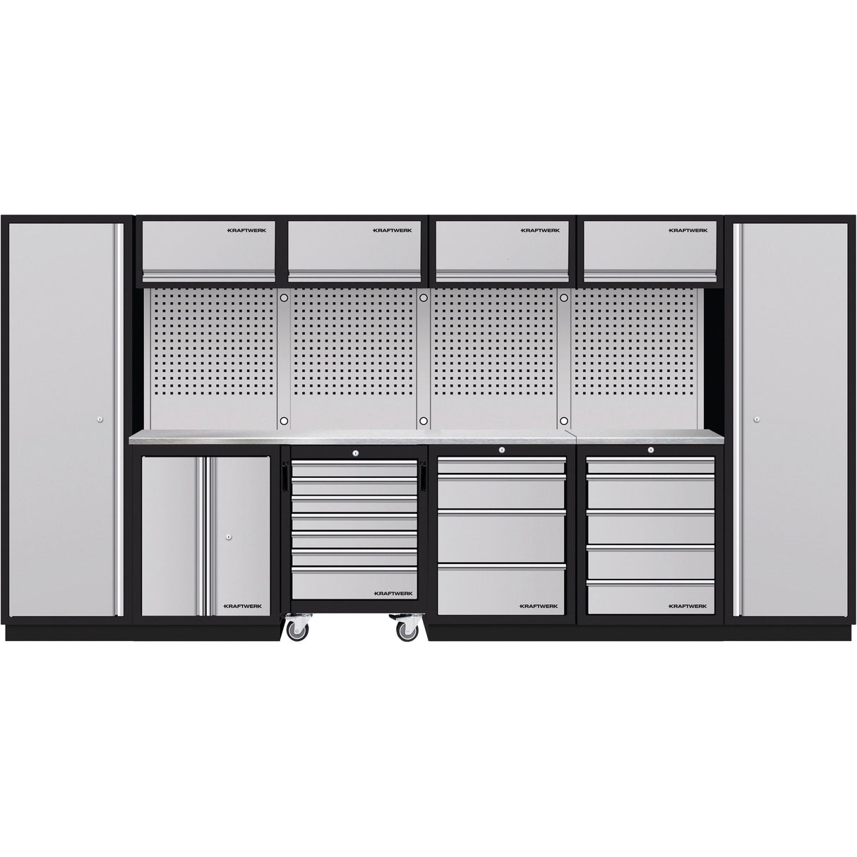 Tools.de silver and black modular garage storage cabinet system with tall lockers, drawers, pegboards, and worktop for workshop organization.