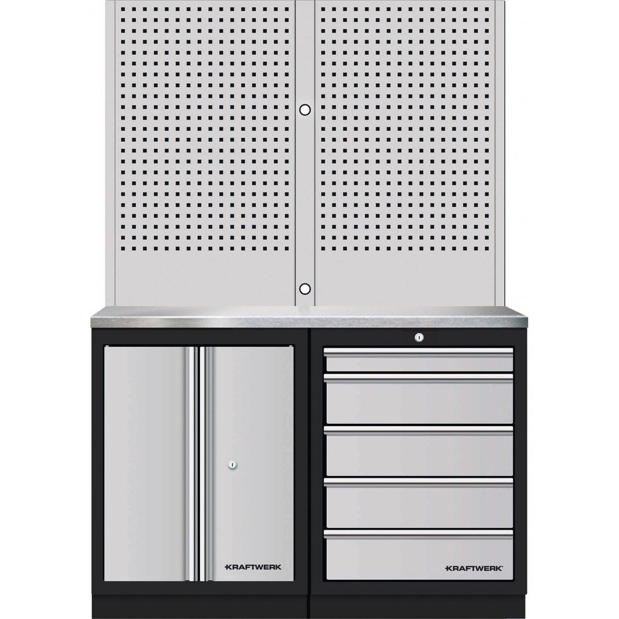 Kraftwerk Mobilio Werkstatteinrichtung, Werkbank 2er Unterschrank-Kombi, 5 Schubladen, 1 Schrank, Vierkant-Lochwand, Arbeitsplatte Edelstahl