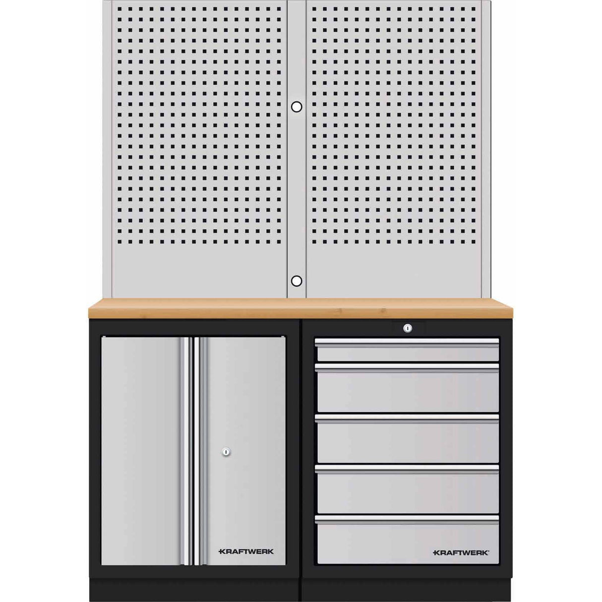 Kraftwerk Mobilio Werkstatteinrichtung, Werkbank 2er Unterschrank-Kombi, 5 Schubladen, 1 Schrank, Vierkant-Lochwand, Arbeitsplatte Buche Multiplex