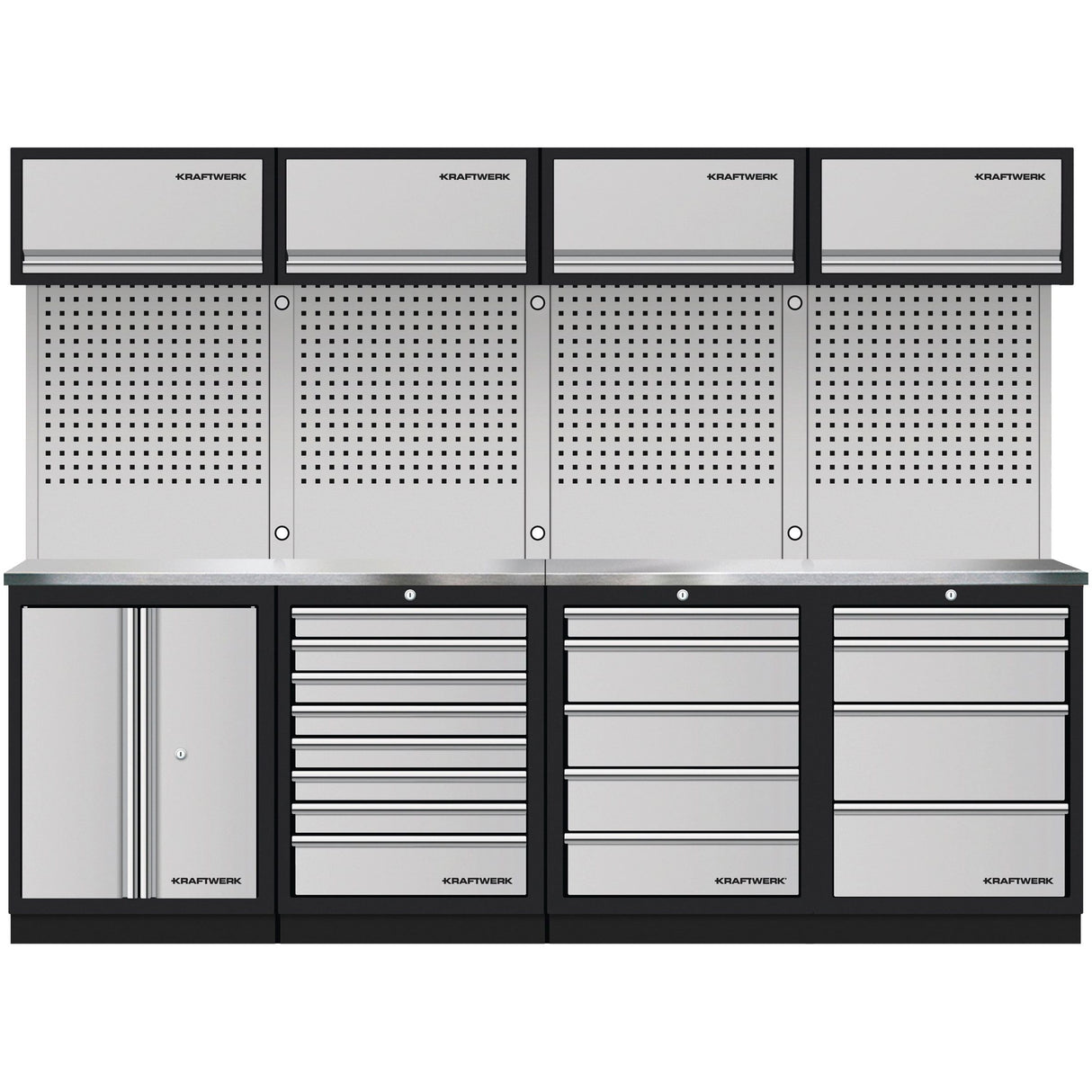 Kraftwerk Mobilio Werkstatteinrichtung, Werkbank 4er Kombi, 17 Schubladen, 5 Schränke, Vierkant-Lochwand, Arbeitsplatte Edelstahl