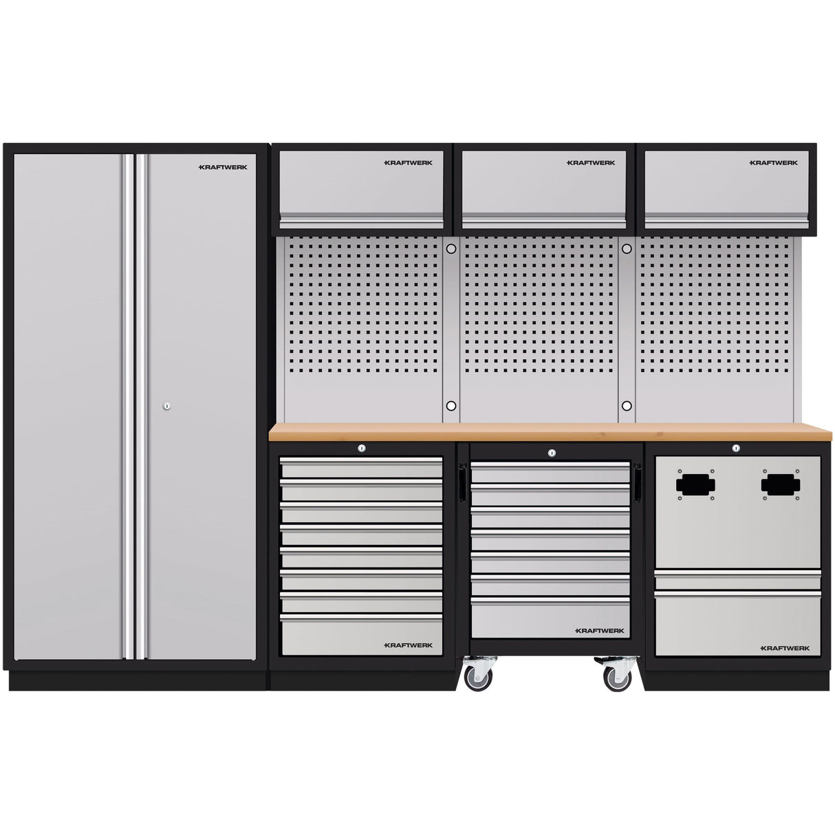 Kraftwerk Mobilio Werkstatteinrichtung, Werkbank 4er Kombi mit 8 Schubladen, 4 Schränken, Kabel- und Schlauchaufroller, Unterschrank-Werkstattwagen