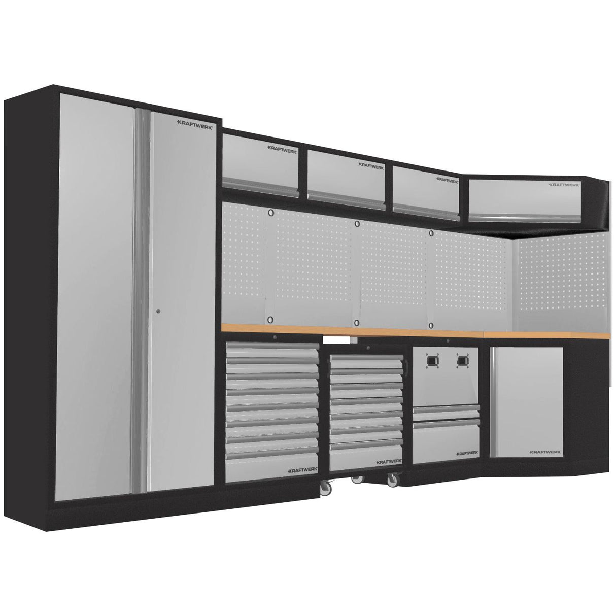 A large, black and silver modular workshop cabinet system with a tall storage locker, a wooden workbench, multiple drawer units on casters, a pegboard wall for tools, and several overhead cabinets. This type of workshop furniture is available on Tools.de.