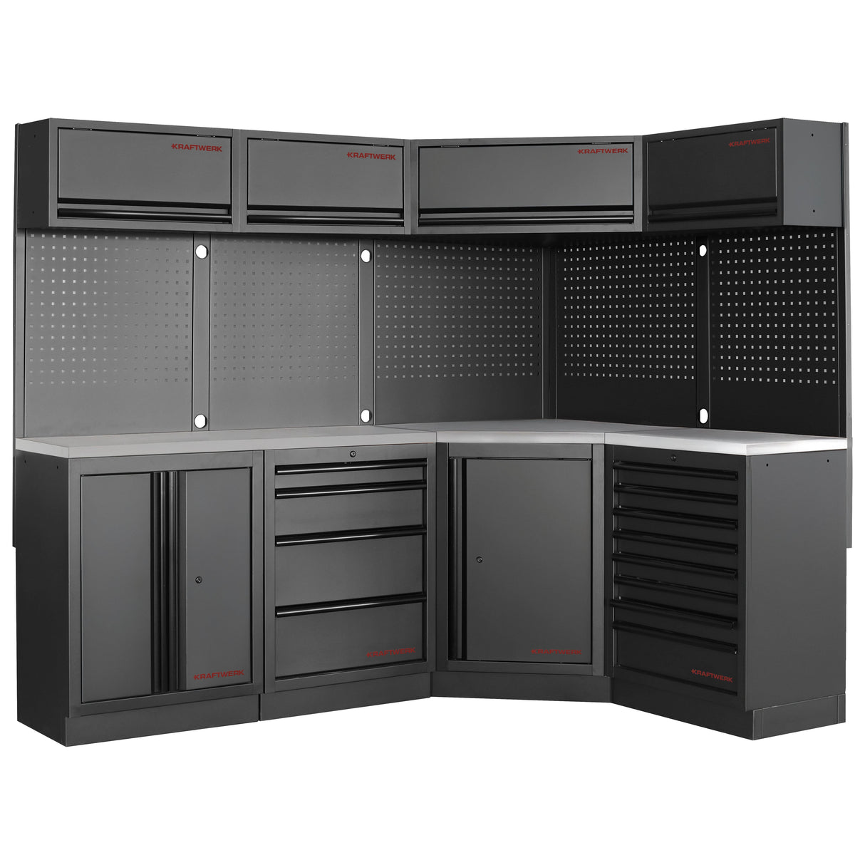 Kraftwerk Mobilio Werkstatteinrichtung, Werkbank Black Edition 4er Eck-Kombi, 13 Schubladen, 6 Schränke, Vierkant-Lochwand, Arbeitsplatte Edelstahl