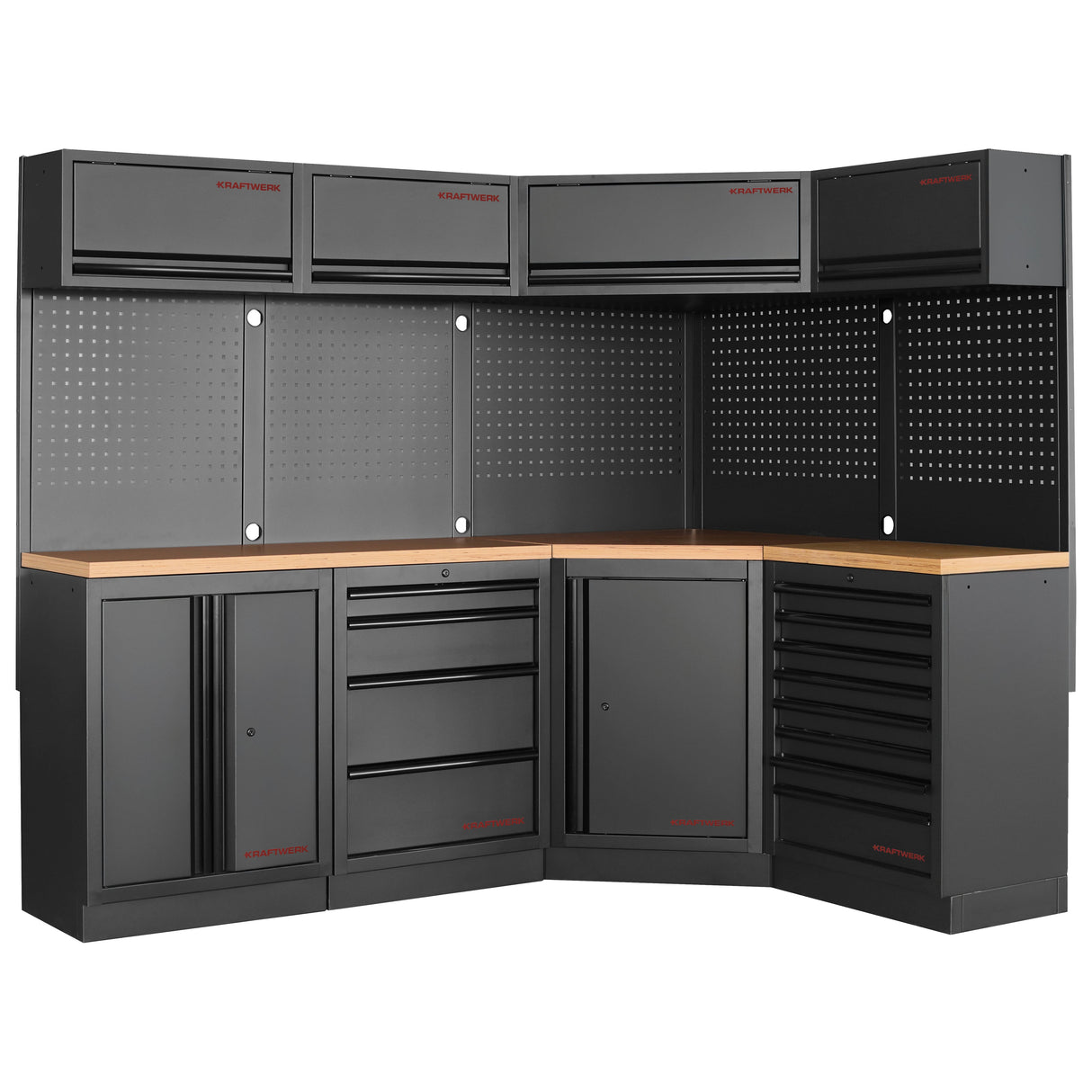 Kraftwerk Mobilio Werkstatteinrichtung, Werkbank Black Edition 4er Eck-Kombi, 13 Schubladen, 6 Schränke, Vierkant-Lochwand, Arbeitsplatte Buche