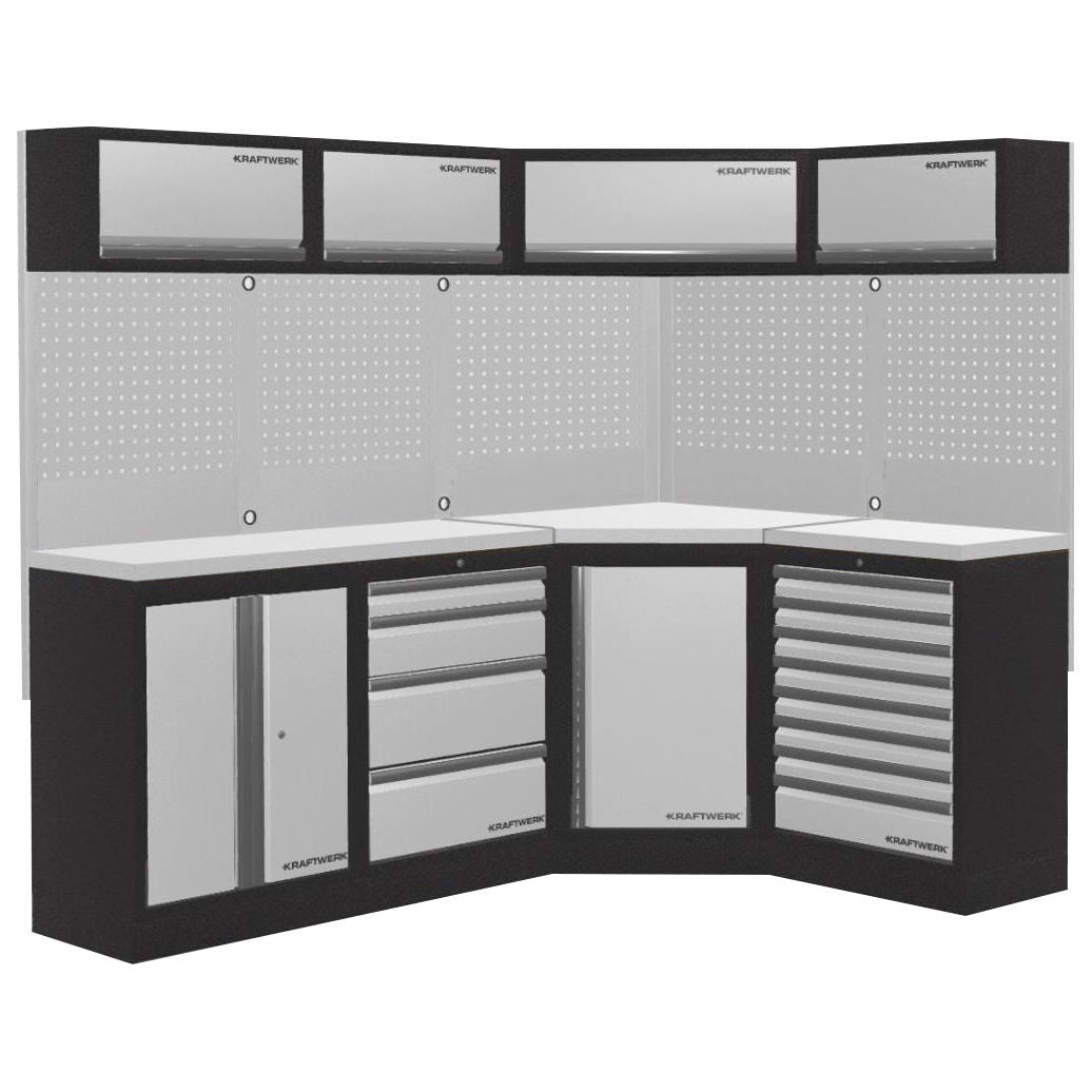 Kraftwerk Mobilio Werkstatteinrichtung, Werkbank 4er Eck-Kombi, 13 Schubladen, 6 Schränke, Vierkant-Lochwand, Arbeitsplatte Edelstahl