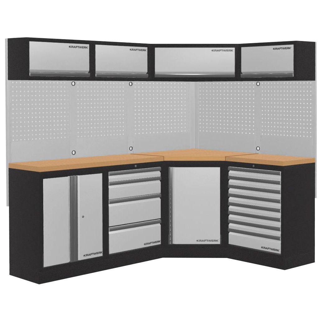 Kraftwerk Mobilio Werkstatteinrichtung, Werkbank 4er Eck-Kombi, 13 Schubladen, 6 Schränke, Vierkant-Lochwand, Arbeitsplatte Buche Multiplex