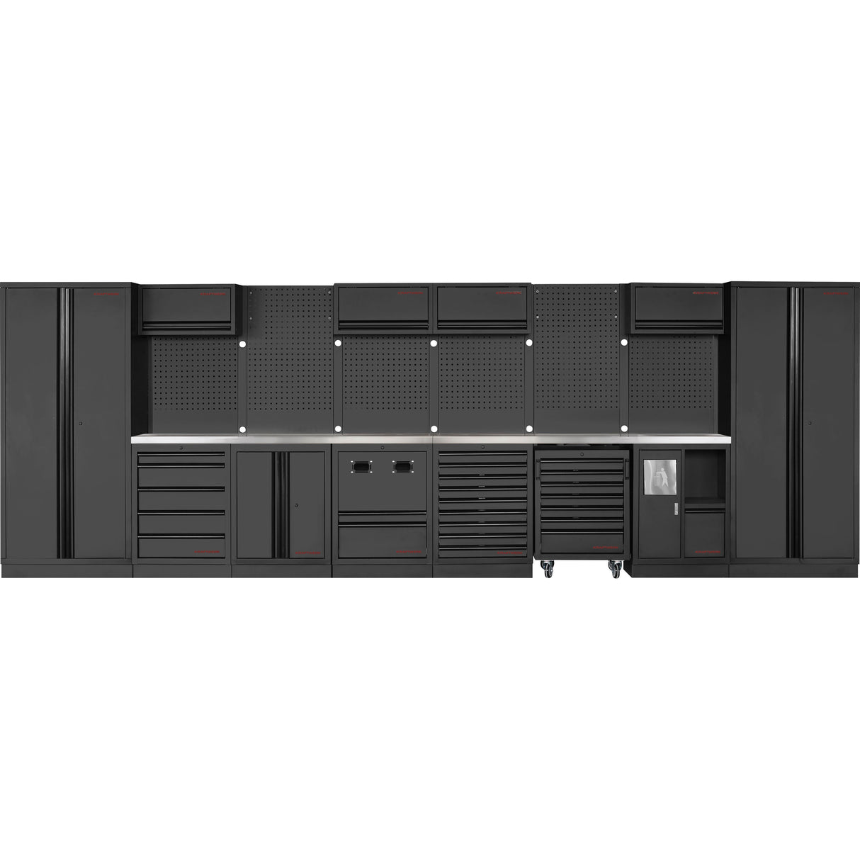 Kraftwerk Mobilio Werkstatteinrichtung, Werkbank Black Edition 8er Kombi, 14 Schubladen, 7 Schränke, Unterschrank-Rollwagen, Kabel- und