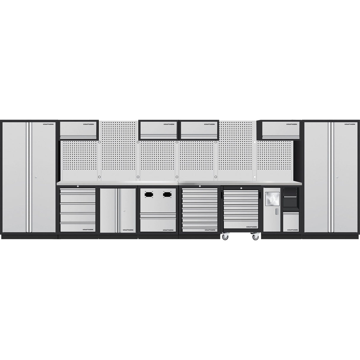 Professional garage cabinet system with cupboards, drawers, and stainless steel worktop – available at tools.de