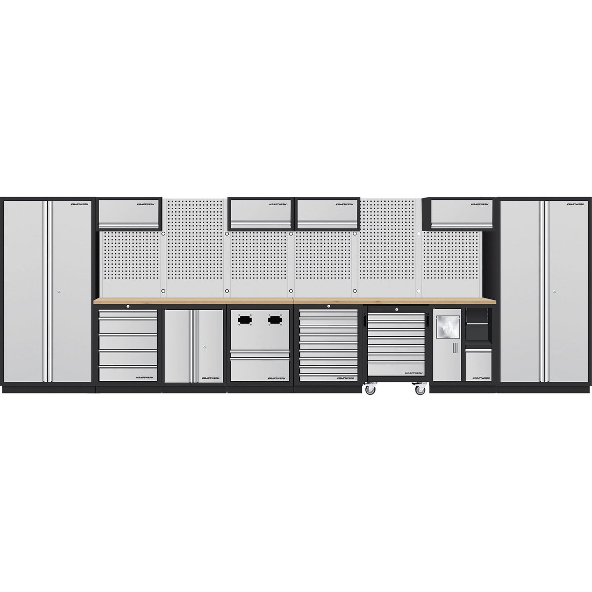 Kraftwerk Mobilio Werkstatteinrichtung, Werkbank 8er Kombi, 14 Schubladen, 7 Schränke, Unterschrank-Rollwagen, Kabel- und Schlauchaufroller
