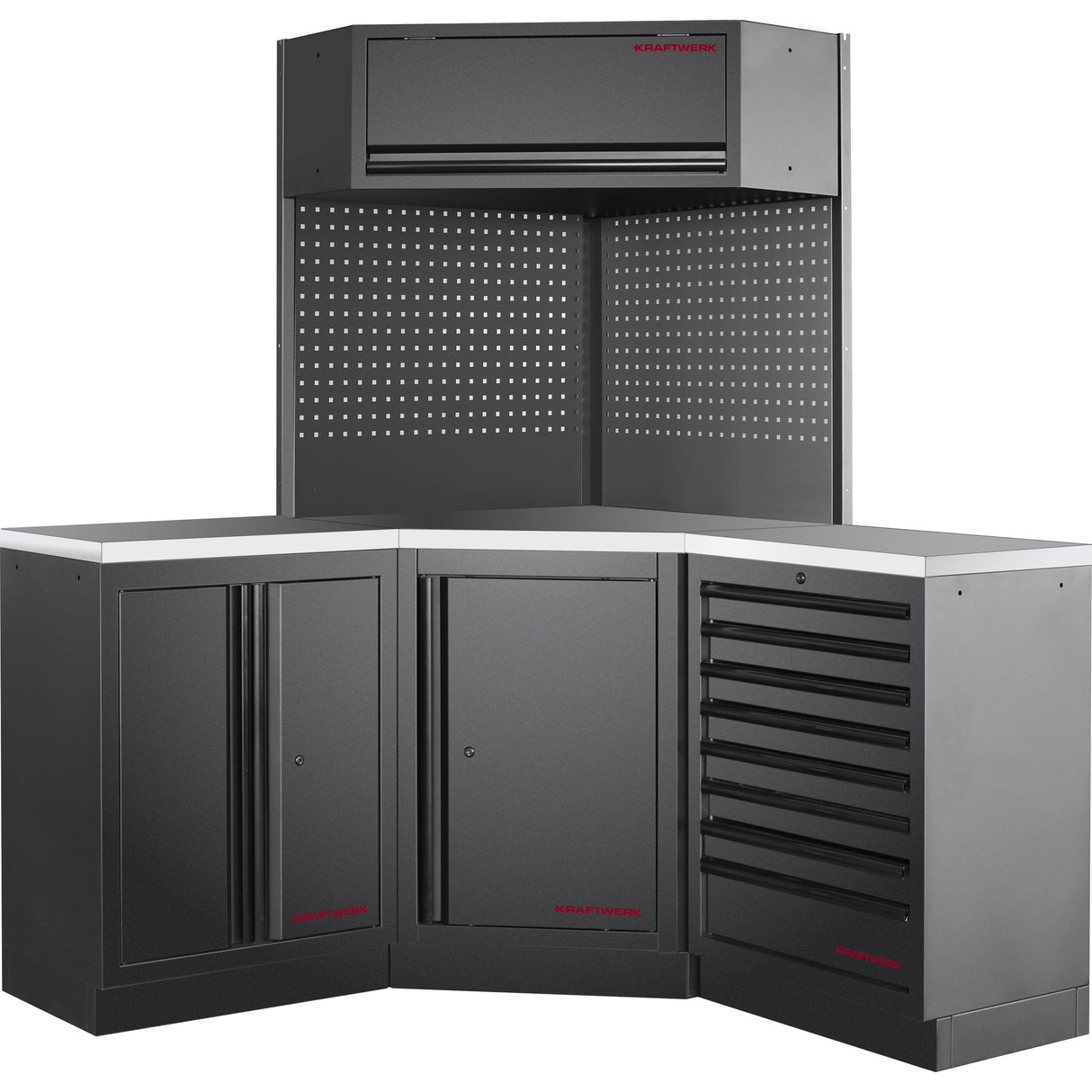 Kraftwerk Mobilio Werkstatteinrichtung, Werkbank Black Edition 3er Eck-Kombi, 9 Schubladen, 3 Schränke, Vierkant-Lochwand, Arbeitsplatte Edelstahl