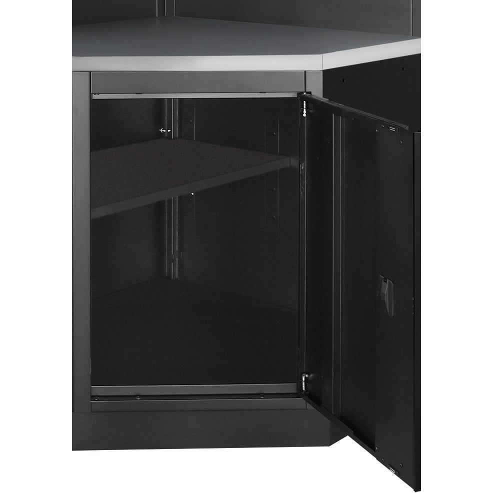 Kraftwerk Mobilio Werkstatteinrichtung, Werkbank Black Edition 3er Eck-Kombi, 9 Schubladen, 3 Schränke, Vierkant-Lochwand, Arbeitsplatte Edelstahl