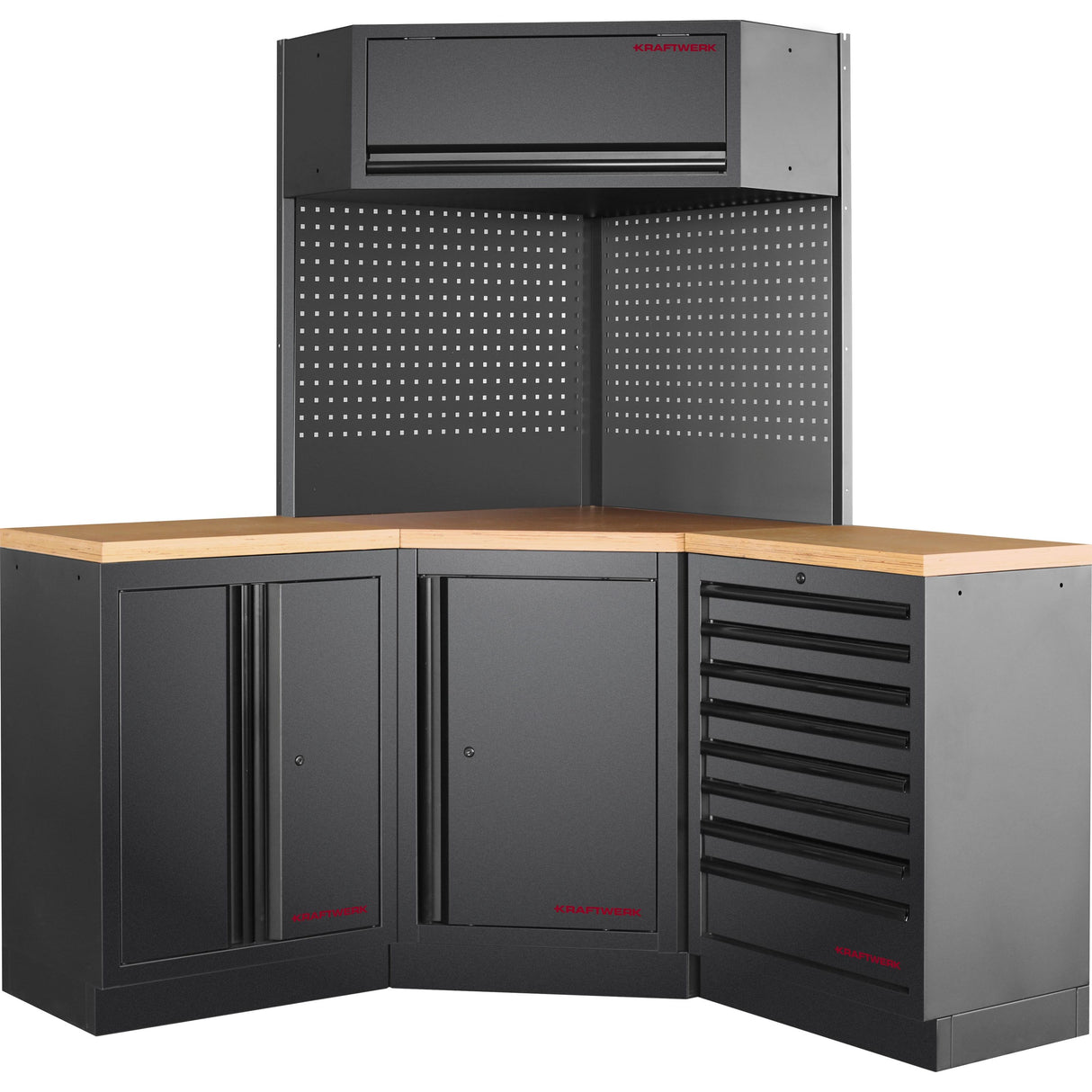 Kraftwerk Mobilio Werkstatteinrichtung, Werkbank Black Edition 3er Eck-Kombi, 9 Schubladen, 3 Schränke, Vierkant-Lochwand, Arbeitsplatte Buche