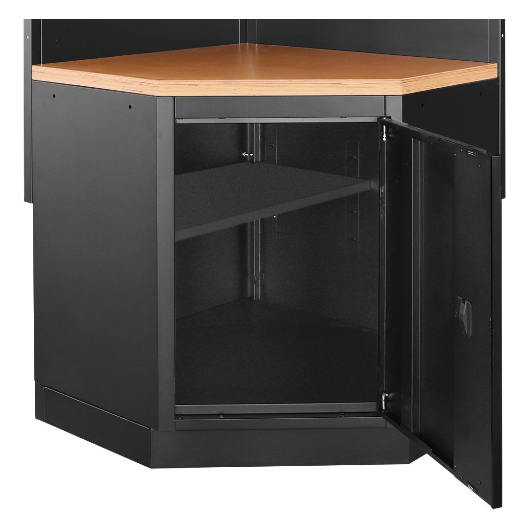 Kraftwerk Mobilio Werkstatteinrichtung, Werkbank Black Edition 3er Eck-Kombi, 9 Schubladen, 3 Schränke, Vierkant-Lochwand, Arbeitsplatte Buche